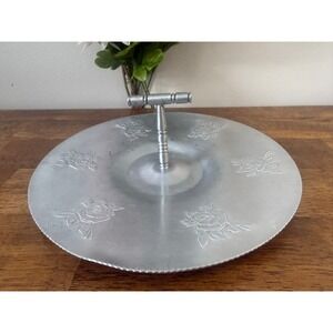 Vintage Aluminum Rose Sandwich Tray Centre Handle Mid Century Serveware Cottage